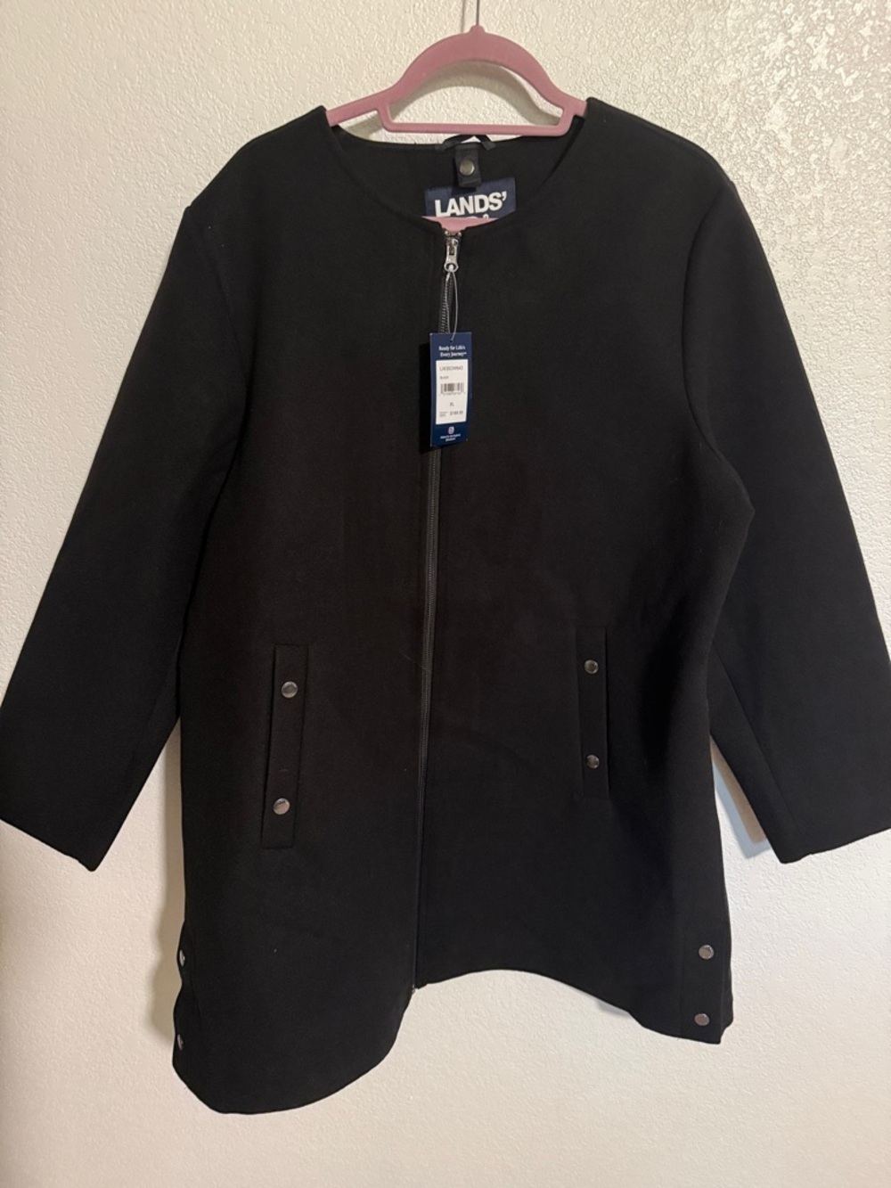 Lands End Black Felted Collarless Liner Jacket Size XL Modern Minimalist NWT